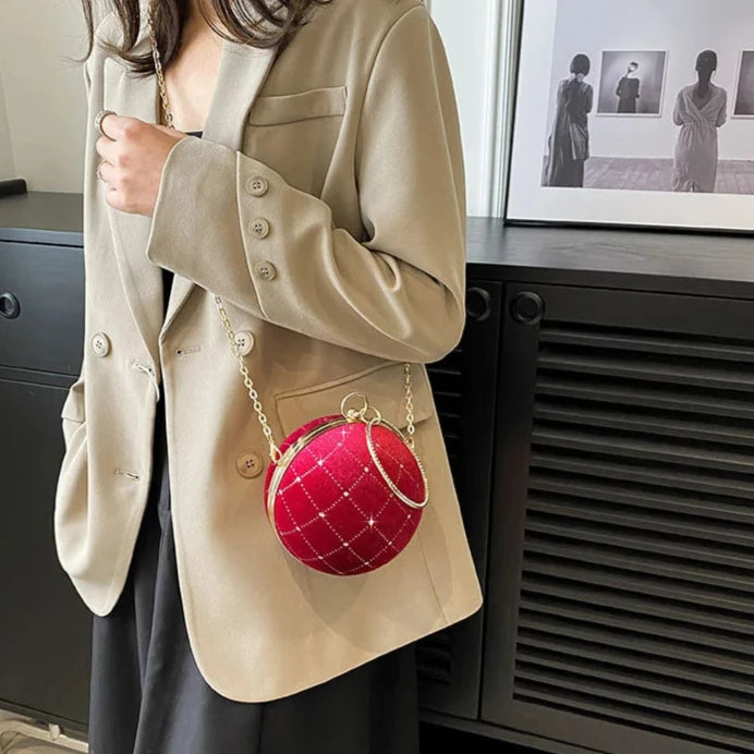 Bolsa Redonda de Veludo Vintage – Clutch Retro com Corrente para Festas e Eventos
