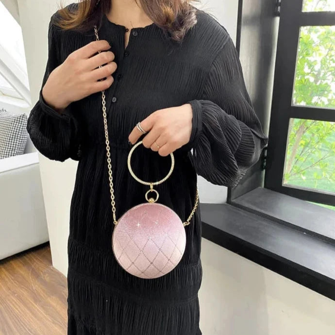 Bolsa Redonda de Veludo Vintage – Clutch Retro com Corrente para Festas e Eventos
