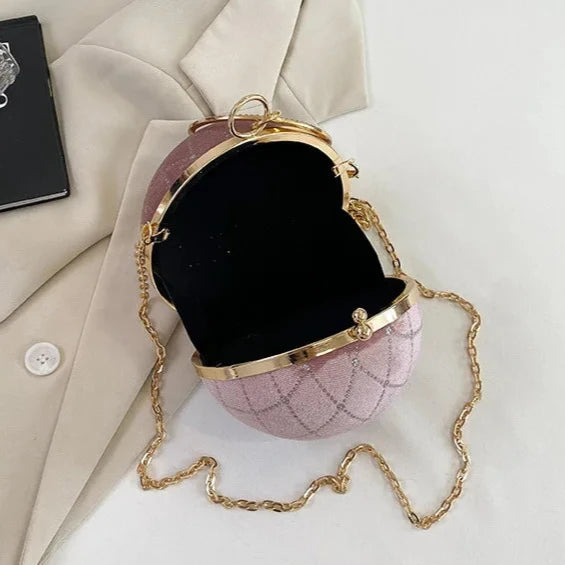 Bolsa Redonda de Veludo Vintage – Clutch Retro com Corrente para Festas e Eventos