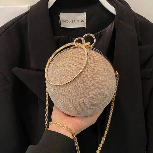 Clutch Redonda com 2 Alças – Bolsa de Tecido Brilhoso com Detalhes Metálicos