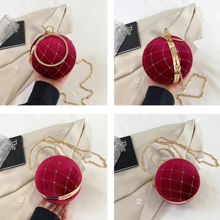 Bolsa Redonda de Veludo Vintage – Clutch Retro com Corrente para Festas e Eventos