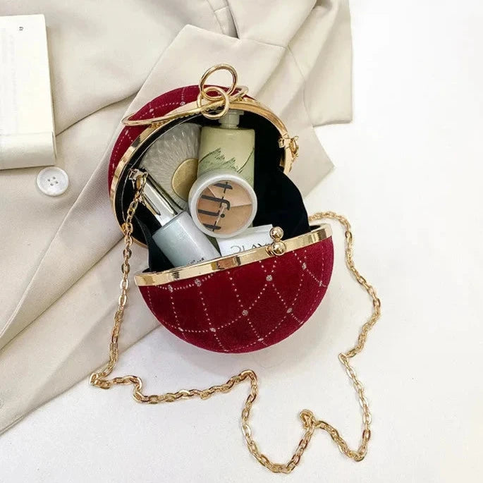 Bolsa Redonda de Veludo Vintage – Clutch Retro com Corrente para Festas e Eventos