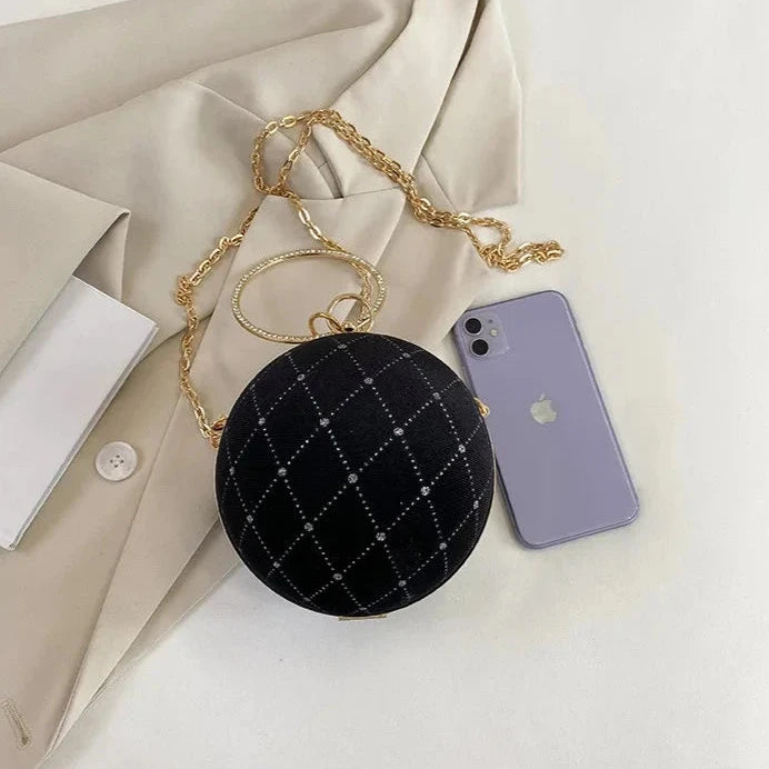 Bolsa Redonda de Veludo Vintage – Clutch Retro com Corrente para Festas e Eventos