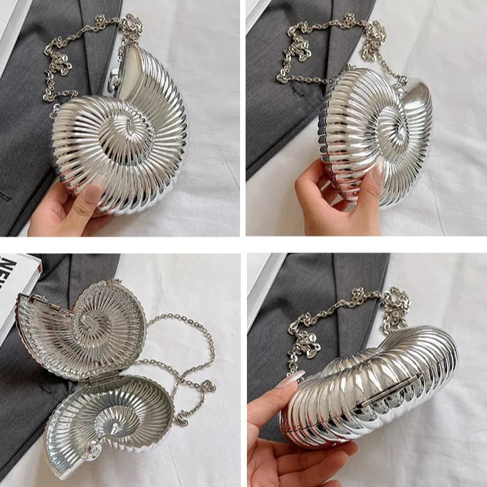 Bolsa Concha – Clutch de Acrílico Metalizado com Corrente para Dia e Noite