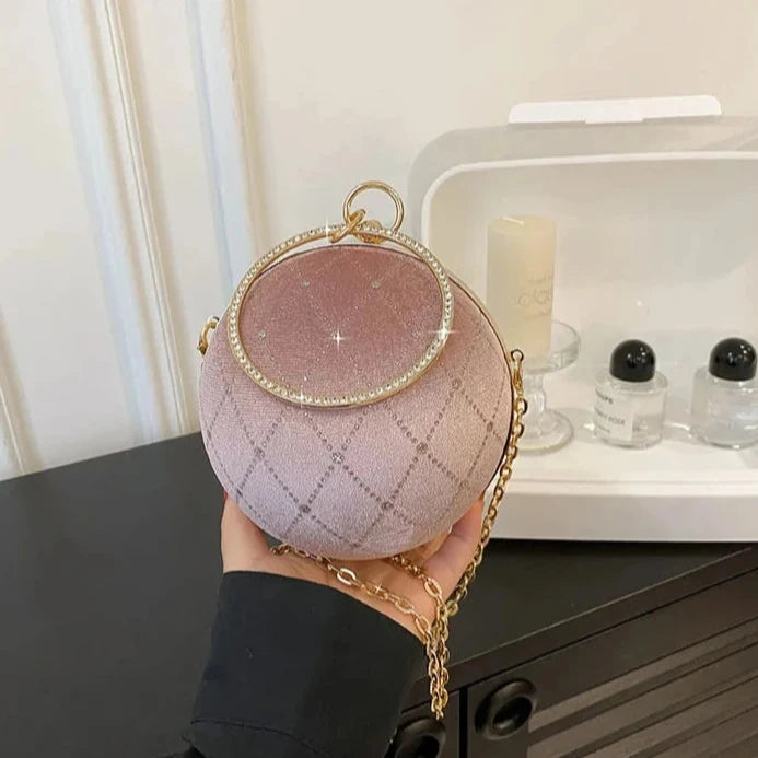 Bolsa Redonda de Veludo Vintage – Clutch Retro com Corrente para Festas e Eventos
