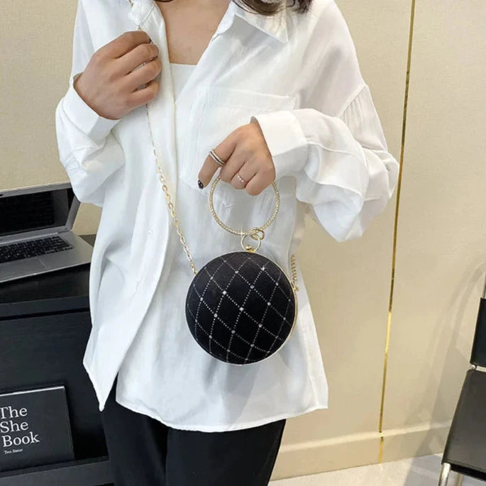 Bolsa Redonda de Veludo Vintage – Clutch Retro com Corrente para Festas e Eventos