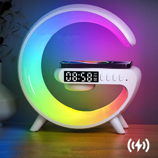 Carregador Sem Fio Multifuncional com Luz RGB – Base de Carregamento Rápido com Relógio Despertador e Caixa de Som